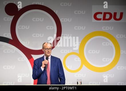 Berlin, Germany. 27th Apr, 2023. Friedrich Merz, Chairman of the CDU, speaks at the CDU's Future Congress at the Tempodrom. Under the motto 'Germany can do better: Strengthen the economy. Protect the climate. At its Future Congress, the CDU will discuss with researchers and innovative companies how climate protection can be turned into an engine of renewal and growth for the economy, thus preserving jobs, prosperity and social security. Credit: Bernd von Jutrczenka/dpa/Alamy Live News Stock Photo