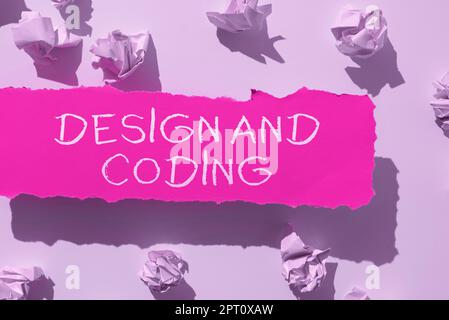Hand writing sign Design And Coding, Business overview HTML and programming, Cross platform development website Stock Photo
