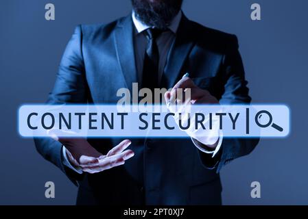 Text caption presenting Content Security, Business overview the planning development and management of content Businessman Holding Pen And Presenting Stock Photo