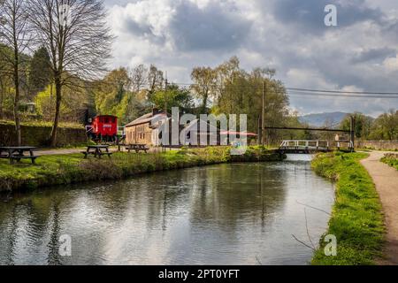 High Peak Junction and railway buildings on the Cromford Canal, Derbyshire, England Stock Photo