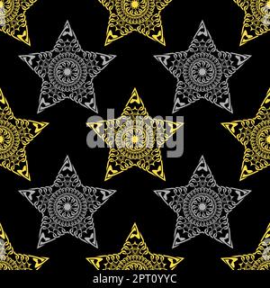 Gold and silver star seamless pattern with hand drawn chain. Perfect for wallpapers, web page backgrounds, surface textures, textile. Isolated on black background. Stock Vector