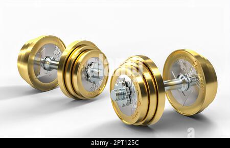 metal dumbbells with euro coins instead of discs. 3d render Stock Photo
