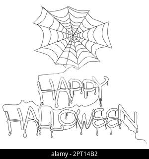 One continuous line of a spider web and Happy Halloween text. Stock Vector