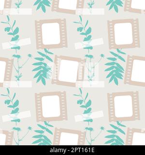 Cinema pattern from film movie frames and botanical elements herbarium leaves and chamomile, scrapbooking. Stock Vector