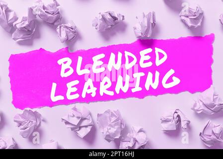Text caption presenting Blended Learning, Word for combines traditional classroom lessons with online teaching Stock Photo
