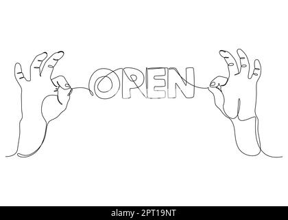 One continuous line of two hand holding a string with Open word. Stock Vector