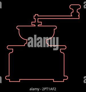 Neon coffee grinder Mill manual manufacture classic vintage style red color vector illustration image flat style Stock Vector
