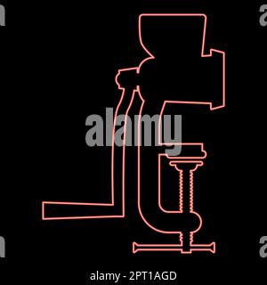 Neon manual mincer Meat grinder Vintage kitchen equipment Mill Shredder red color vector illustration image flat style Stock Vector