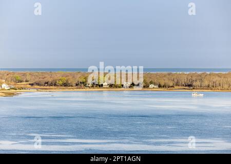 aerial view of homes on Pipes neck road in Greenport, NY Stock Photo