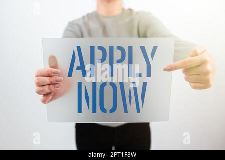 Conceptual display Apply Now, Concept meaning An act of a person to acquire the job related to the profession Stock Photo