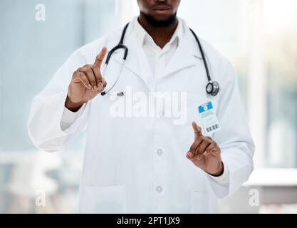 Doctor hands, invisible screen and digital innovation mockup for healthcare, hospital and wellness software design in information technology. Ai, futu Stock Photo