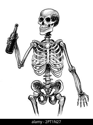 Skeleton with a bottle of beer. Hand-drawn ink on paper black and white drawing Stock Photo