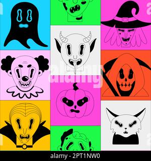 Halloween seamless pattern. Black spooky fantasy characters in bright frames. Vampire Dracula, clown, devil, pumpkin, zombie, cat. Cartoon scary portraits. Wallpaper, print on clothes, wrapping paper Stock Vector
