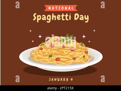 National Spaghetti Day on 4th January with a Plate of Italian Noodles or Pasta Different Dishes in Flat Cartoon Hand Drawn Template Illustration Stock Photo