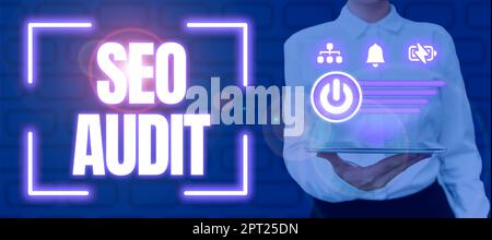 Text caption presenting Seo Audit, Business overview Search Engine Optimization validating and verifying process Stock Photo