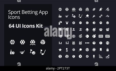 Sport betting online white glyph ui icons kit for dark mode. Gambling sites. Silhouette symbols on black background. Solid pictograms for web, mobile. Vector isolated illustrations. Poppins font used Stock Vector