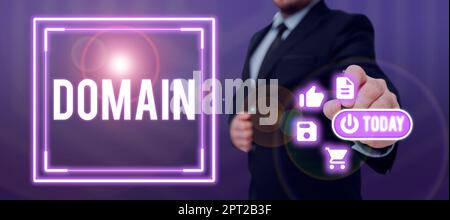 Text caption presenting Domain, Word Written on identification string that defines a realm of administrative autonomy Stock Photo