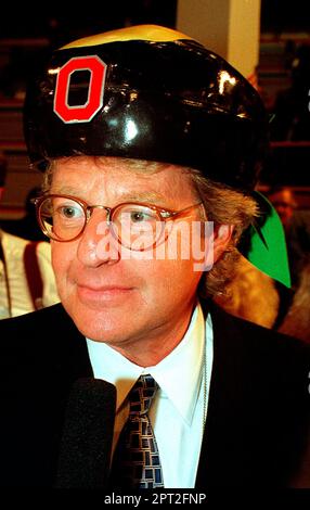 Talk show host Jerry Springer is interviewed on the floor of the 1996 Democratic National Convention in Chicago, Illinois on August 26, 1996.Credit: Ron Sachs/CNP Stock Photo