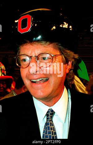 Talk show host Jerry Springer is interviewed on the floor of the 1996 Democratic National Convention in Chicago, Illinois on August 26, 1996.Credit: Ron Sachs/CNP Stock Photo