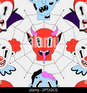 Halloween seamless pattern. Colorful spooky characters on white background. Vampire Dracula, clown, devil, zombie. Cartoon scary portraits. Black outline. Wallpaper, print on clothes, wrapping paper Stock Vector