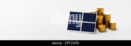 Heaps of Coins and Solar Panel on Dark Background with Copy Space 3D ...