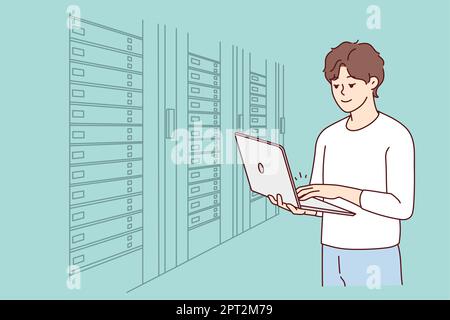 Male engineer with laptop standing near server room with computers. Man IT specialist working in data center near server racks. Vector illustration. Stock Photo