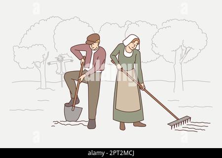 Old-fashioned people working in field . Vector Old-fashioned people in traditional clothes working in garden together. Old couple in ancient way do ag Stock Photo