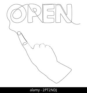 One continuous line of index finger pointng at Open word. Stock Vector