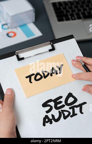 Writing displaying text Seo Audit, Business showcase Search Engine Optimization validating and verifying process Stock Photo