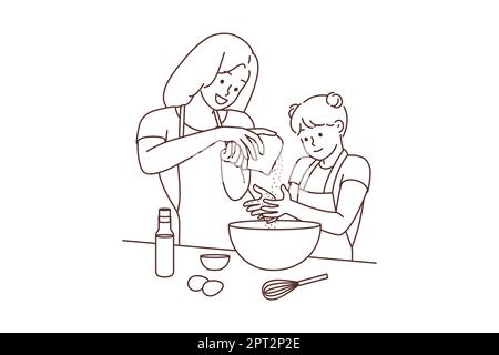 Happy young mother and daughter cooking at home together. Smiling mom and girl child have fun baking in kitchen. Motherhood concept. Vector illustrati Stock Photo