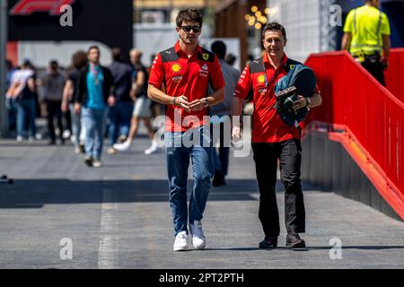 Baku, Azerbaijan, April 27, Charles Leclerc, from Monaco competes for Ferrari. The build up, round 4 of the 2023 Formula 1 championship. Credit: Michael Potts/Alamy Live News Stock Photo