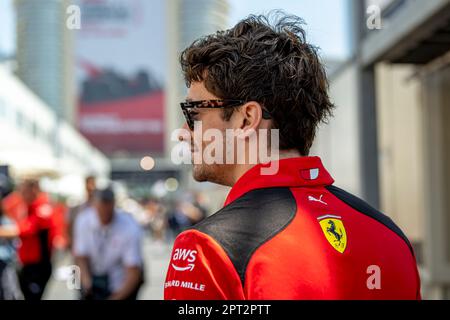 Baku, Azerbaijan, April 27, Charles Leclerc, from Monaco competes for Ferrari. The build up, round 4 of the 2023 Formula 1 championship. Credit: Michael Potts/Alamy Live News Stock Photo