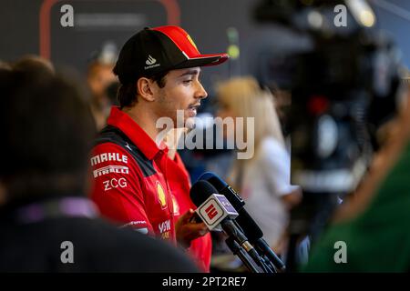 Baku, Azerbaijan, April 27, Charles Leclerc, from Monaco competes for Ferrari. The build up, round 4 of the 2023 Formula 1 championship. Credit: Michael Potts/Alamy Live News Stock Photo