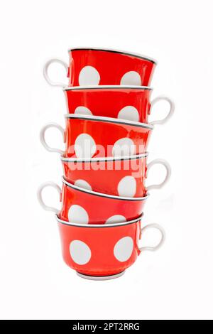 Red cups on a white background, a set of six pieces Stock Photo