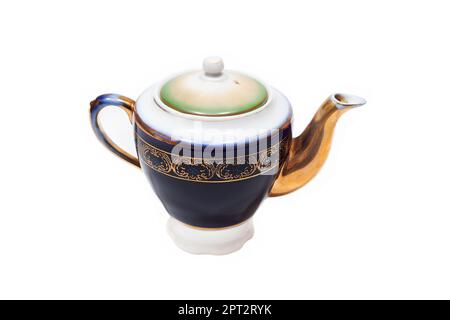 Old-fashioned beautiful gilded porcelain teapot on a white background Stock Photo