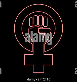 Neon symbol of feminism movement Gender women resist Fist hand in round and cross red color vector illustration image flat style Stock Vector