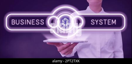 Conceptual display Business System, Conceptual photo a general change in the way business is developing Businesswoman Holding Tablet Showing Futuristi Stock Photo