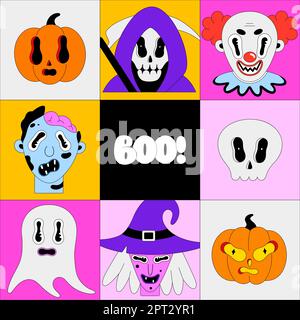 Halloween seamless pattern. Colorful spooky fantasy characters in bright frames. Grim reaper, clown, zombie, witch, pumpkins. Cartoon scary portraits. Wallpaper, print on clothes, wrapping paper Stock Vector