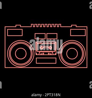 Neon cassette recorder Mobile stereo music icon black color vector illustration flat style image red color vector illustration image flat style Stock Vector