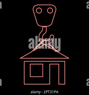 Neon crane hook lifts home Holds roof house icon black color vector illustration flat style image red color vector illustration image flat style Stock Vector