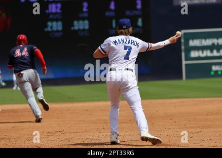 Durham, NC: Durham Bulls infielder Kyle Manzardo (7) leaps to catch a ball  at first during a MiLB baseball game against the Memphis Redbirds, Tuesday  Stock Photo - Alamy