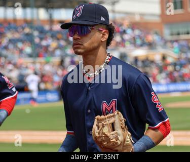 Durham, NC: Durham Bulls infielder Kyle Manzardo (7) leaps to catch a ball  at first during a MiLB baseball game against the Memphis Redbirds, Tuesday  Stock Photo - Alamy