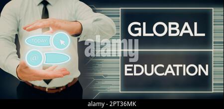 Text caption presenting Global Education, Business idea debt security issued by a government to support spending Man With Graphic S In Hands Presentin Stock Photo