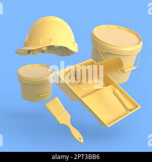 Set of flying safety helmet, bucket, tray with paint rollers and brushes for painting walls on monochrome background. 3d render of renovation apartmen Stock Photo