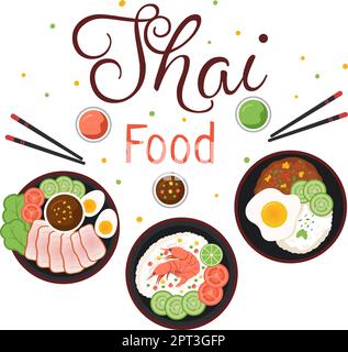 Traditional Thailand Food Template Cartoon Hand Drawn Illustration Various of Thai Cuisine Design Stock Vector