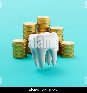 Single White Tooth ahead of Stacks of Golden Coins on Blue Background 3D Render Illustration Stock Photo