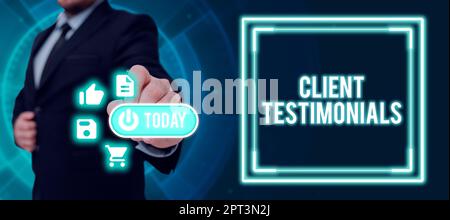 Conceptual caption Client Testimonials, Business idea Various Engineered Databases Softwares Applications Businessman Presenting Digital S And Display Stock Photo