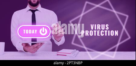 Writing displaying text Virus Protection, Business concept outlining how they plan to change and improve in the future Businessman in suit holding tab Stock Photo