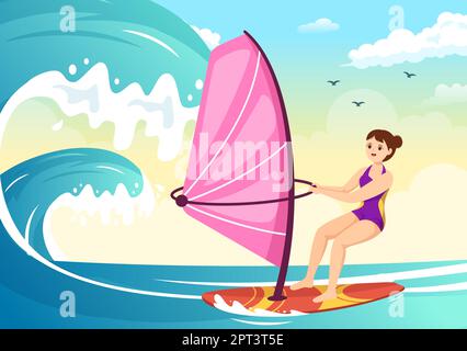 Windsurfing with the Person Standing on the Sailing Boat and Holding the Sail in Extreme Water Sport Flat Cartoon Hand Drawn Templates Illustration Stock Vector