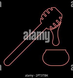 Neon honey drips from honey spoon into pot Stick with wooden and jar liquid nectar icon black color vector illustration flat style image red color vector illustration image flat style Stock Vector